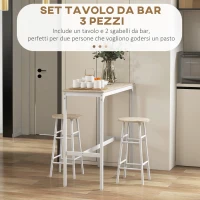 HOMCOM Set Tavolo Alto e 2 Sgabelli da Bar con Poggiapiedi Stile Industriale, Bianco e Rovere(m-4)