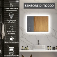 kleankin Specchio Bagno LED Antiappannamento con 3 Colori e Luminosità Regolabile, in Metallo e Vetro, 80x60x3 cm(m-4)