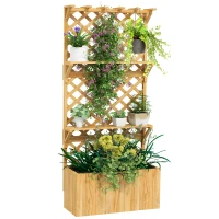 Outsunny 52L Wooden Planter, with Trellis and Shelves - Natural Finish(m-10)
