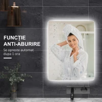 kleankin Oglindă de Baie cu Lumini LED Reglabile, Comutatoare Touch și Funcție Antiaburire, 70x50 cm(m-7)