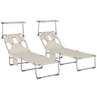 Outsunny Set de 2 șezlonguri pliante reclinabile cu copertină 360° orificiu facial buzunar lateral și Textilene 550 g/m² bej(m-7)