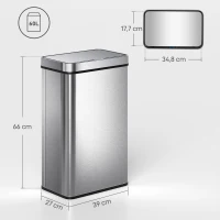 HOMCOM Poubelle à capteur 60 L avec couvercle à fermeture douce, poubelle de cuisine automatique en acier inoxydable, argenté(m-3)