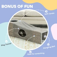 PawHut Tunel dla kotów, 2 kocie jaskinie, Miejsca drapakowe i zabawka piłkowa, 98 cm x 30 cm x 30 cm, Brąz + Beż(m-5)