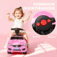 HOMCOM Coche Correpasillos para Niños de 18-36 Meses con Faros Música Bocina Volante Espacio de Almacenaje y Asa Rosa(m-9)