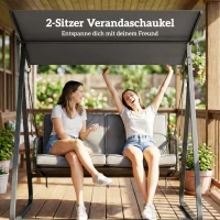 Outsunny Hollywoodschommel Rattan 2-Persoons Tuinschommel met Verstelbaar Zonnescherm en Zachte Kussens, A-Frame(m-4)