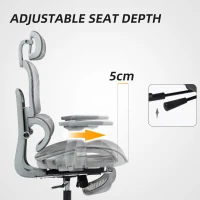 HOMCOM Fotel biurowy, Ergonomiczny krzesło biurowe z siatkowym obiciem, regulowane, na kółkach, z podłokietnikami, zagłówkiem, Szary(m-5)