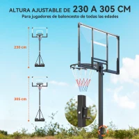 SPORTNOW Canasta de Baloncesto para Exterior Ajustable de 230-305 cm con Tablero Irrompible Base Rellenable y Ruedas Negro(m-4)