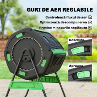 Outsunny Compostor de grădină, compostor rotativ cu două camere, 200L, negru(m-7)
