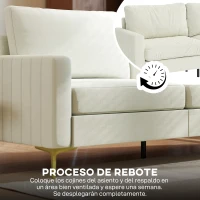 HOMCOM Sofá de 3 Plazas de 181 cm Tapizado en Terciopelo con Cojines Gruesos Patas de Metal Blanco Crema(m-7)