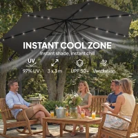 Outsunny Parasol ogrodowy LED Solar Ø300 cm, obrotowy z korbą, stojakiem i pokrowcem, ciemnoszary(m-5)