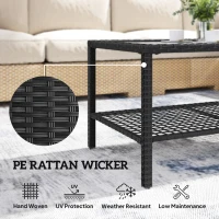 Outsunny Rattanowy stolik kawowy, dwupoziomowy stolik z półką, hartowany blat szklany i stalowa rama, czarny(m-5)