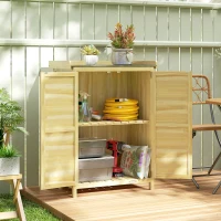 Outsunny Cobertizo de Jardín Exterior de Madera con Techo de Metal y Ganchos para Almacenaje Herramientas 71,5x39x95 cm Natural(m-9)