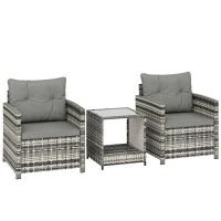 Outsunny Rattan Bistro Set, 3 Piece Garden Furniture Set with 2 Tier Glass Top Table and Cushions, Mixed Grey(m-1)