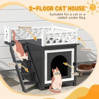 PawHut Wooden Cat House, Two-Floor Cat Shelter with Balcony, Stairs, Indoor Outdoor Small Pet Condo for Rabbits, Cats, Grey(m-4)