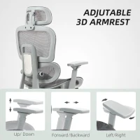 HOMCOM Fotel biurowy, Ergonomiczny krzesło biurowe z siatkowym obiciem, regulowane, na kółkach, z podłokietnikami, zagłówkiem, Szary(m-7)