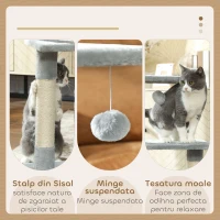 PawHut Tiragraffi per Gatti con Casetta, 2 Piattaforme e Pallina, in Legno, Sisal e Peluche, 50x30x81.5 cm, Grigio(m-5)