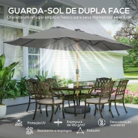 Outsunny Chapéu de Sol Duplo com 48 Luzes LED 459x266x235 cm Base Incluida Manivela Sacos de Areia Cinzento(m-4)