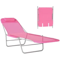 Outsunny Folding Sun Lounger with Head Pillow - Pink(m-10)