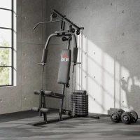 HOMCOM Máquina de Musculación con Pesas Ajustables de 45 kg Prensa de Pecho y Piernas Polea 135x103x200 cm Negro(m-9)