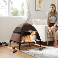 PawHut Buitenhondenligplaats met Dak, Verhoogd Hondenbed voor Middelgrote Honden, 76 x 61 x 71cm, Koffie(m-10)