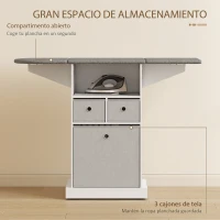HOMCOM Mueble de Plancha con Ruedas Tabla de Planchar Plegable 3 Cajones de Tela 121x37x89,5 cm Blanco(m-6)