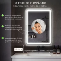 HOMCOM Oglindă Baie LED Touch cu lumină reglabilă, 3 temperaturi și funcție anti-aburire, 70x90 cm(m-4)
