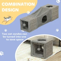 PawHut Tunel dla kotów, 2 kocie jaskinie, Miejsca drapakowe i zabawka piłkowa, 98 cm x 30 cm x 30 cm, Brąz + Beż(m-4)