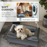 PawHut Sofa dla Psów, Łóżko dla Psa, Pokrycie Pralne, dla Małych Psów do 10kg, Drewniana Konstrukcja, 76x53,5x34cm, Szary(m-6)