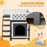 PawHut Wooden Cat House, Two-Floor Cat Shelter with Balcony, Stairs, Indoor Outdoor Small Pet Condo for Rabbits, Cats, Grey(m-5)