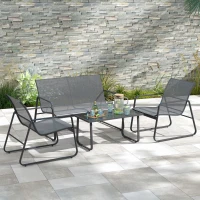 Outsunny Set Mobilier de Grădină din 4 Piese, cu Bancă de Exterior cu 2 Locuri, 2 Scaune și Măsuță de Cafea cu Blat din Sticlă Securizată, Set Mobilier de Exterior din Metal și Textilenă, Gri Deschis(m-7)