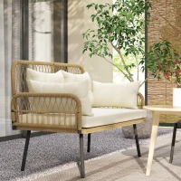 Outsunny Sofa Ogrodowa z Poduszkami 2-osobowa Sofa Balkonowa Rattanowa Sofa Polirattan 115 x 61 x 82 cm Naturalne Drewno(m-2)