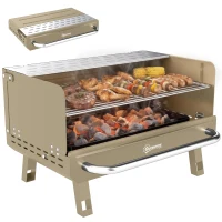 Outsunny Portable BBQ Grill, Charcoal Barbecue Grill with Adjustable Grates, Foldable Legs, Side Shelf for Camping Travel, Khaki(m-10)