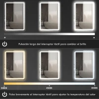 HOMCOM Espejo de Baño con Luces LED 70x100 cm 3 Colores de Luz Brillo Regulable Función Antivaho Función de Memoria IP44(m-6)