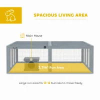 PawHut Konijnenhok met ren van hout en openklapbaar dak deuren schuilhuisje voor 2-4 dwergkonijnen 180,4 x 150 x 48 cm grijs(m-4)