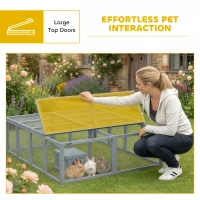 PawHut Konijnenhok met ren van hout en openklapbaar dak deuren schuilhuisje voor 2-4 dwergkonijnen 180,4 x 150 x 48 cm grijs(m-6)