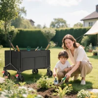 Outsunny Chariot de jardin pliable 150 L, chariot de transport de plage poignée réglable poches latérales 85 x 50 x 90 cm noir(m-10)