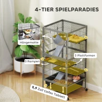 PawHut Kleine dierenkooi 4-verdiepingenkooi met uitschuifbare lade hellingen hangmat wielen platforms 52x52x115 cm Grijs(m-5)