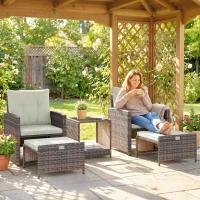 Outsunny Set de meubles de jardin en rotin 5 pièces - ensemble pour balcon avec 2 chaises, coussins, tabourets, table avec rangement, blanc crème(m-2)