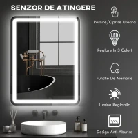 HOMCOM Oglindă Baie LED Touch cu lumină reglabilă, 3 temperaturi și funcție anti-aburire, 70x90 cm(m-5)