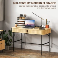 HOMCOM Computer Desk with Slatted Tambour Doors, Mid-Century Modern Home Office Writing Desk, Oak and Black(m-4)