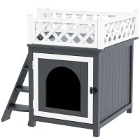 PawHut Wooden Cat House, Two-Floor Cat Shelter with Balcony, Stairs, Indoor Outdoor Small Pet Condo for Rabbits, Cats, Grey(m-10)