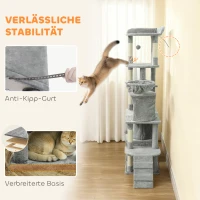 PawHut Drapak dla kotów, 170 cm, z tunelem i jaskiniami, duża baza, jasnoszary(m-9)