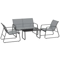 Outsunny Set Mobilier de Grădină din 4 Piese, cu Bancă de Exterior cu 2 Locuri, 2 Scaune și Măsuță de Cafea cu Blat din Sticlă Securizată, Set Mobilier de Exterior din Metal și Textilenă, Gri Deschis(m-1)