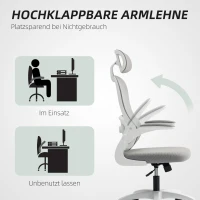HOMCOM Ergonomiczny fotel biurowy z siateczkowym oparciem, regulowany, z podnoszonymi podłokietnikami, 5 kółek, funkcja przechylania, plastik, szary(m-8)