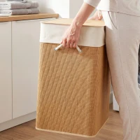 HOMCOM Bambusowy kosz na pranie z pokrywą, 2 komory, 100L, z wyjmowanym workiem na pranie(m-9)