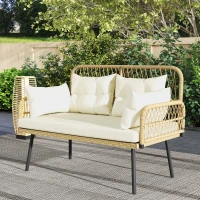 Outsunny Sofa Ogrodowa z Poduszkami 2-osobowa Sofa Balkonowa Rattanowa Sofa Polirattan 115 x 61 x 82 cm Naturalne Drewno(m-7)