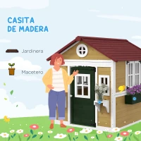 Outsunny Casita de Madera Infantil con Puerta Ventanas Jardineras y Repisas con Detalles de Color 114x126,4x135 cm Natural(m-4)