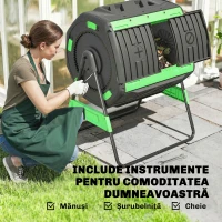 Outsunny Compostor de grădină, compostor rotativ cu două camere, 200L, negru(m-9)