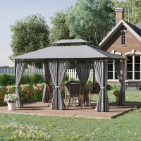 Outsunny Gazebo 4x3 m avec 6 rideaux et toit à 2 niveaux, en acier et polyester, Gris foncé(m-2)