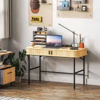 HOMCOM Computer Desk with Slatted Tambour Doors, Mid-Century Modern Home Office Writing Desk, Oak and Black(m-7)
